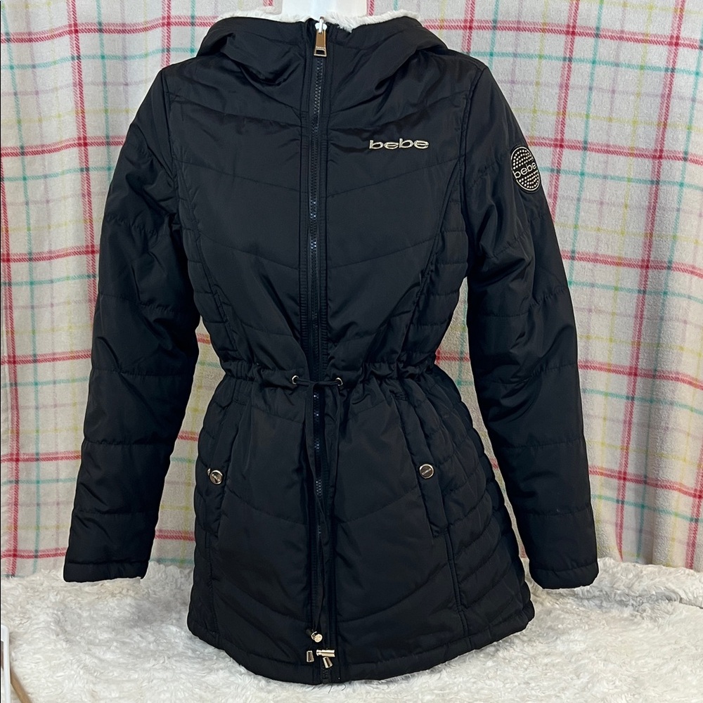 Bebe REVERSIBLE Women's Black Puffer Jacket with Drawstring Waist